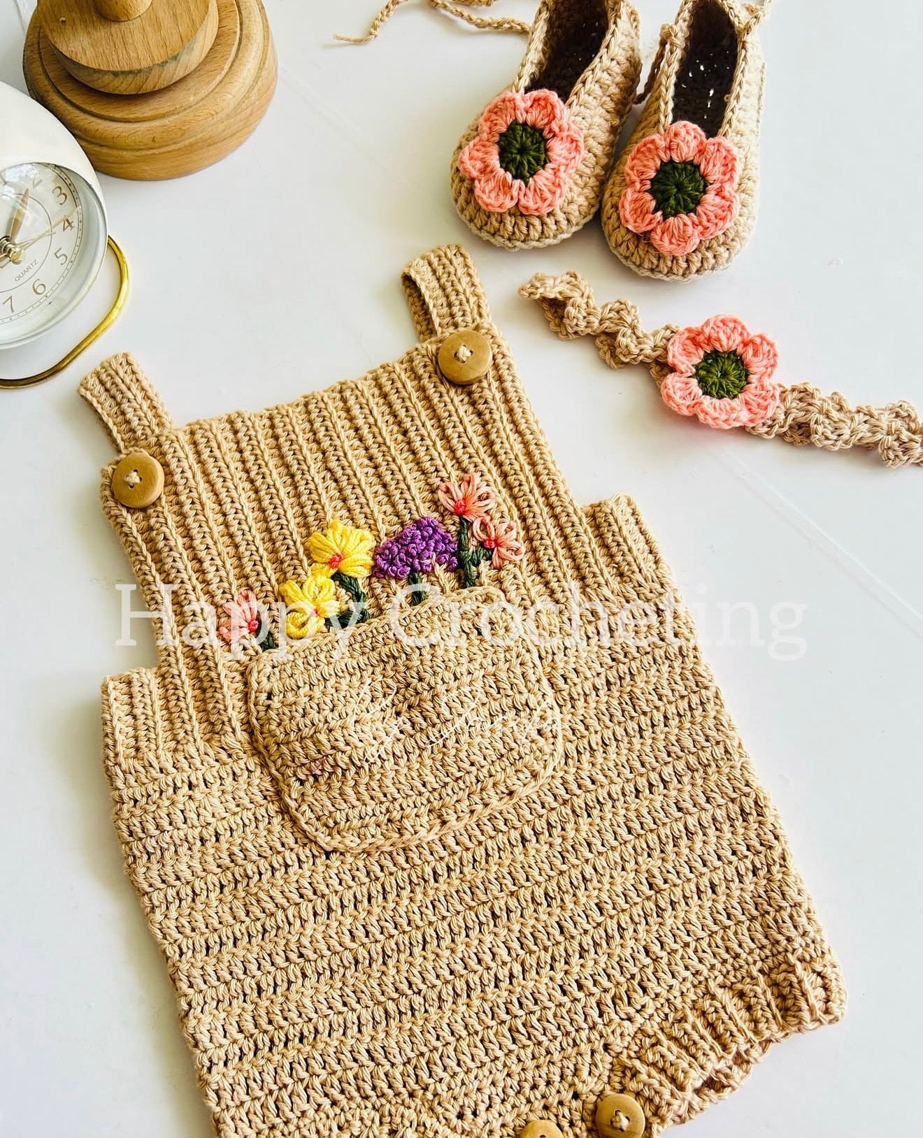 Embroidered Floral Crochet Romper Set